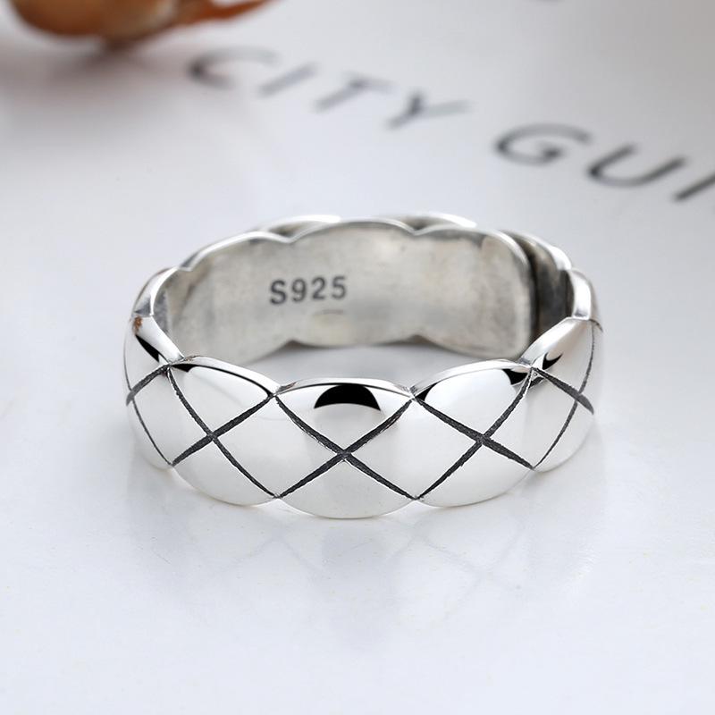 Anello da uomo regolabile in argento sterling S925 con motivo a rombi retrò
