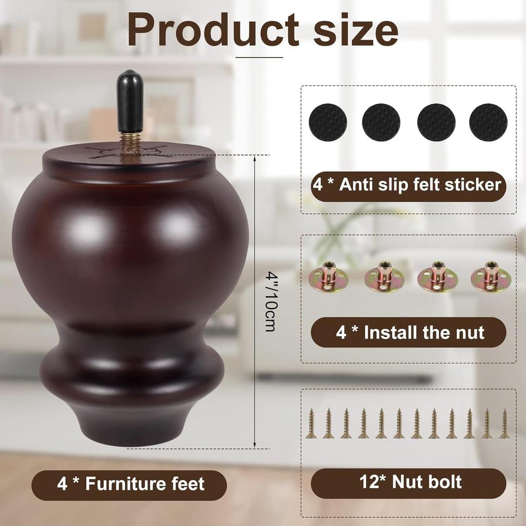 4 Piezas Patas de Muebles Forma de Calabaza Patas de Madera para Muebles H10cm Patas de Sofá Nogal Retro con Perno de 5/16''/M8 Pre-perforado y Placa de Montaje y Tornillos para Mesa