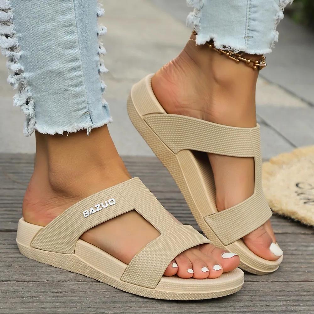 Women's Slippers 2024 New Soft Sole Mid Heel Slippers Summer New Solid Color Casual Comfort Open Toe Women's Slippers