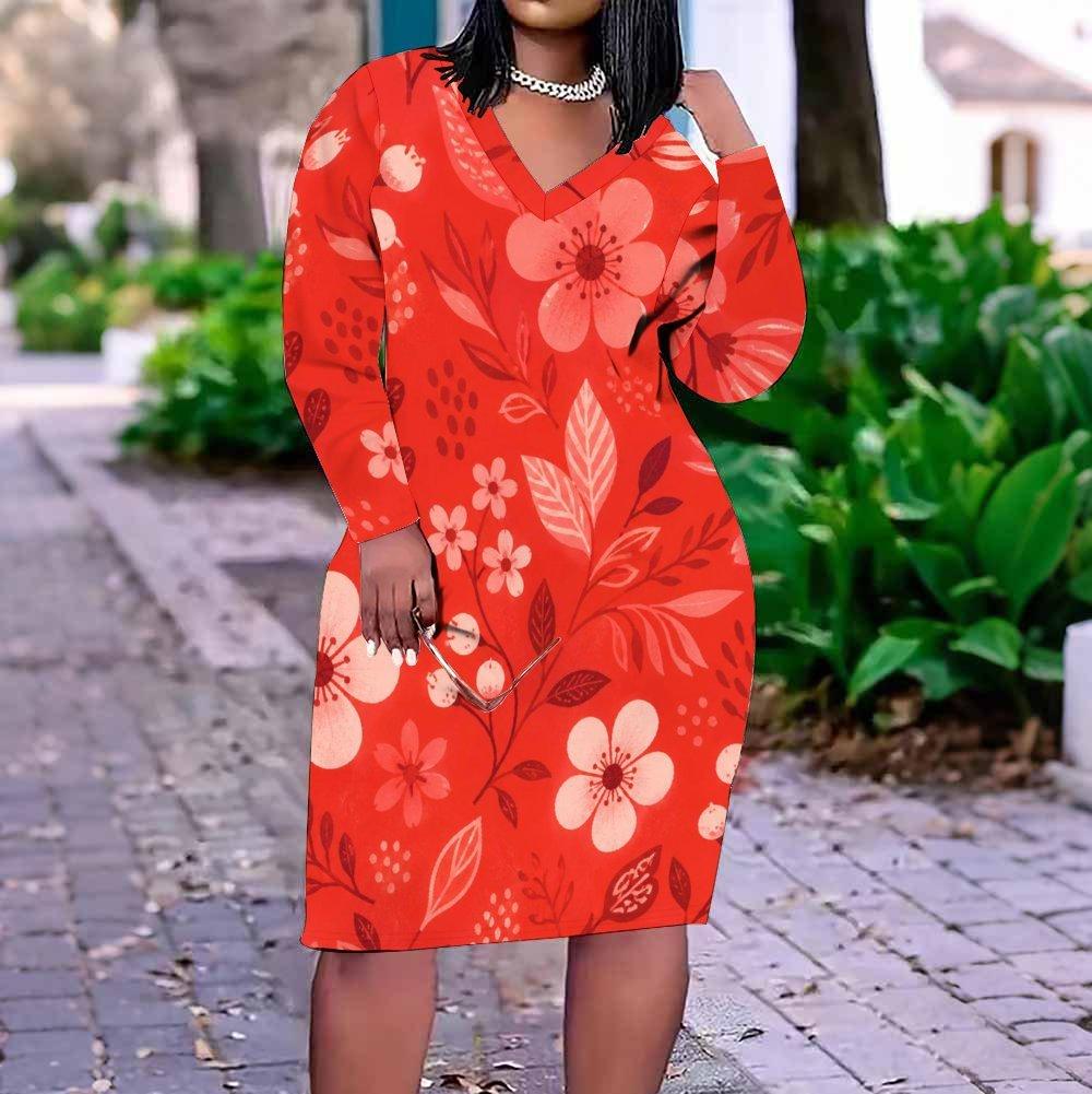 Women Plus Size V Neck Long Sleeve Black Red Rose Floral Printed Fitted Dress