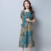 Fashion Women Short Sleeve O Neck Pocket Cotton Linen Printed Loose Casual Dress