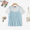 ZANZEA Women Summer Casual Fake Two Piece Patchwork Short Sleeve T-Shirts
