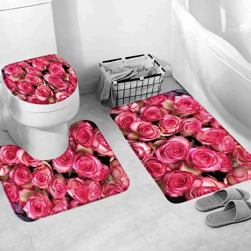 Red Rose Flower Bath Mat Set Fresh Florals Fields and Garden Plant Non-slip Toilet Lid Foot Rug Floor Mat Bathroom Accessory Set