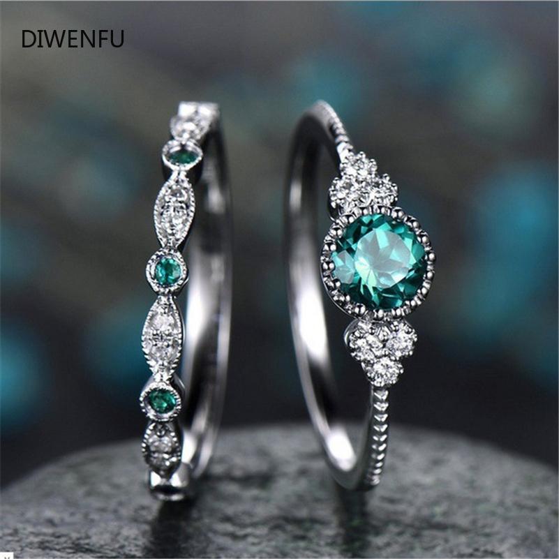 925 Silver 2pc Set Jewelry Sparkling Perfect Blue Green Round Cut Zircon Stone Rings for Women Engagement Engagement Ring Gift