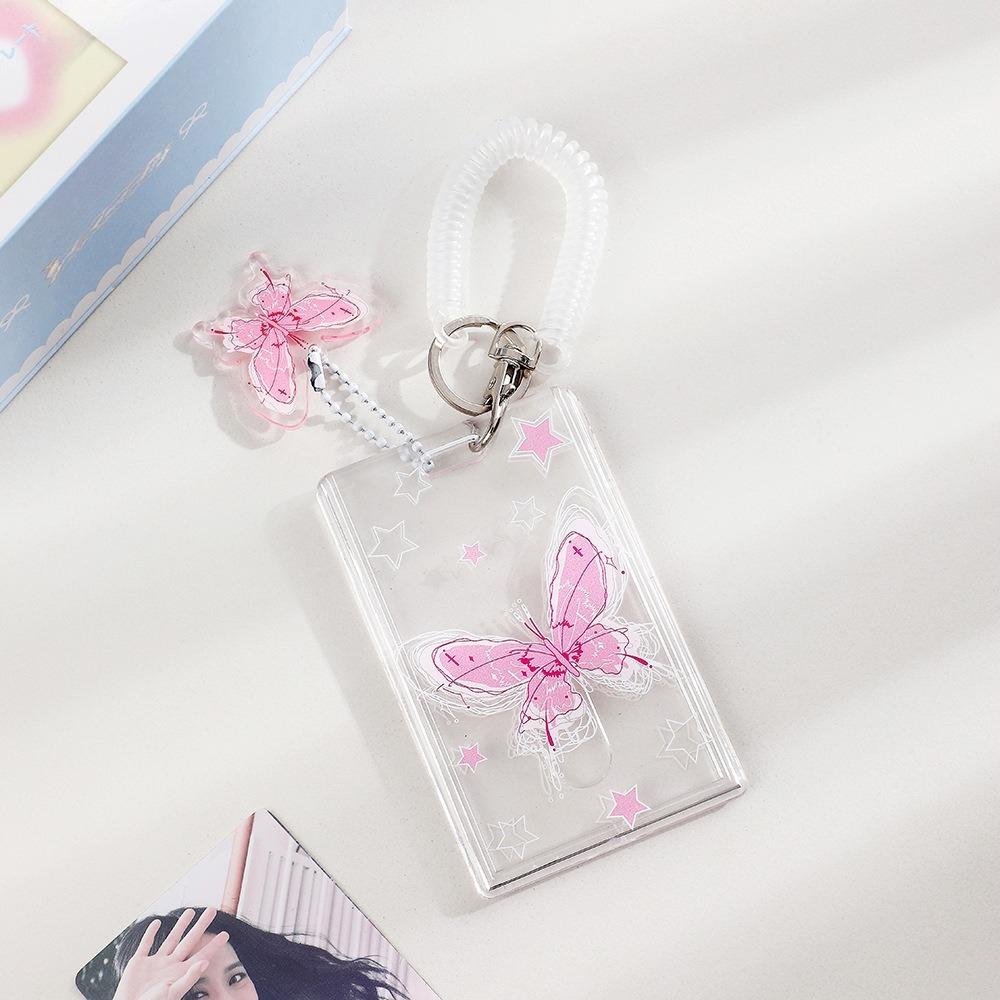 Korean Butterfly Transparent Card Holder Student Bus Cards Photo Sleeve Elastic Rope ID Credit Card Cover with Pendant