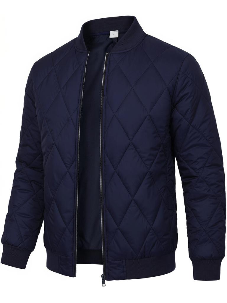Men Solid Color Stand Collar Thickened Warm Quilted Bomber Jacket Casual Outerwear