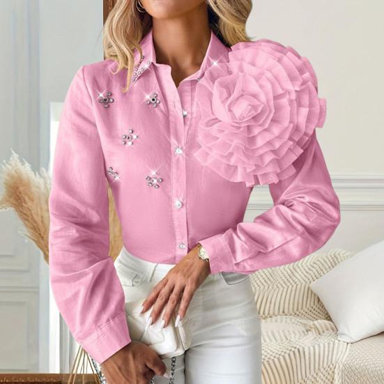 Women Shirt Lapel Long Sleeve Single Breasted Shirt Three-Dimensional Tops Solid Color Rhinestones Flowers Decor Shirt