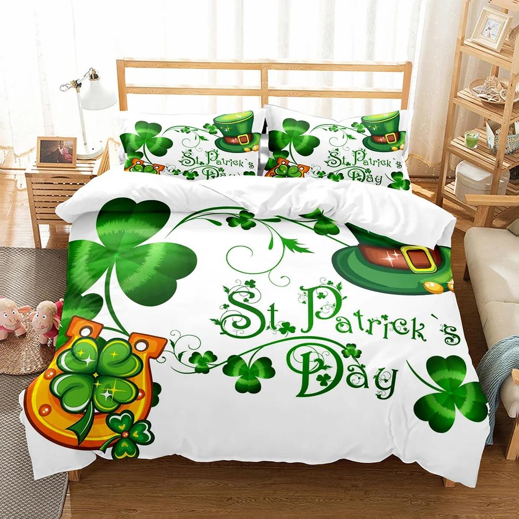 Happy St Patrick's Day Duvet Cover Set Plant Clover Bedding Set Green Lucky Leaf Quilt Cover Botanical Leaves Bedspread Cover