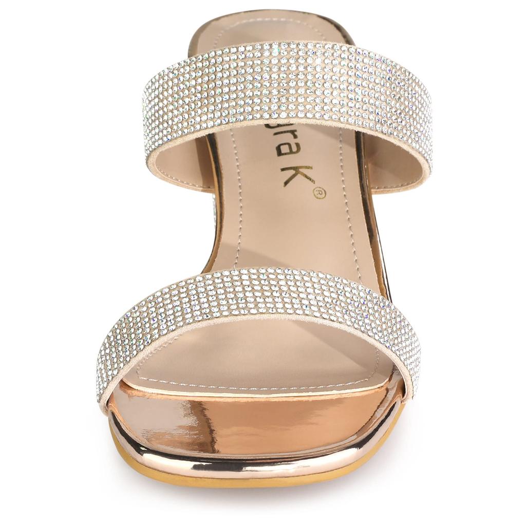 Allegra K Women's Sleek Rhinestone Mule Sandals with Square Toe and Chunky Heel, Rose Gold, Size 26.0cm