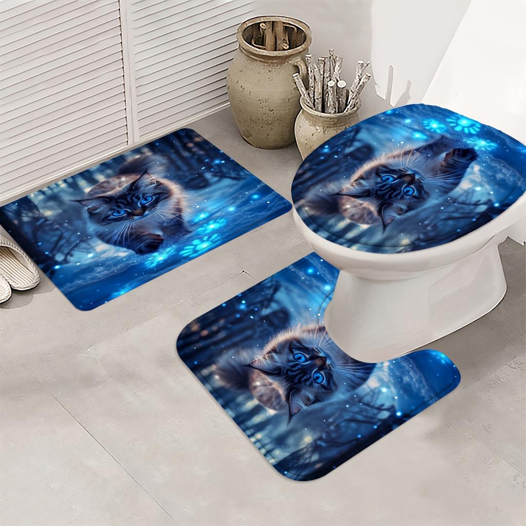 4Pcs Enchanted Cat Shower Curtain Set with Non-Slip Bath Mat, Toilet Lid Cover, Contour Rug & 12 Hooks, Bathroom Decor