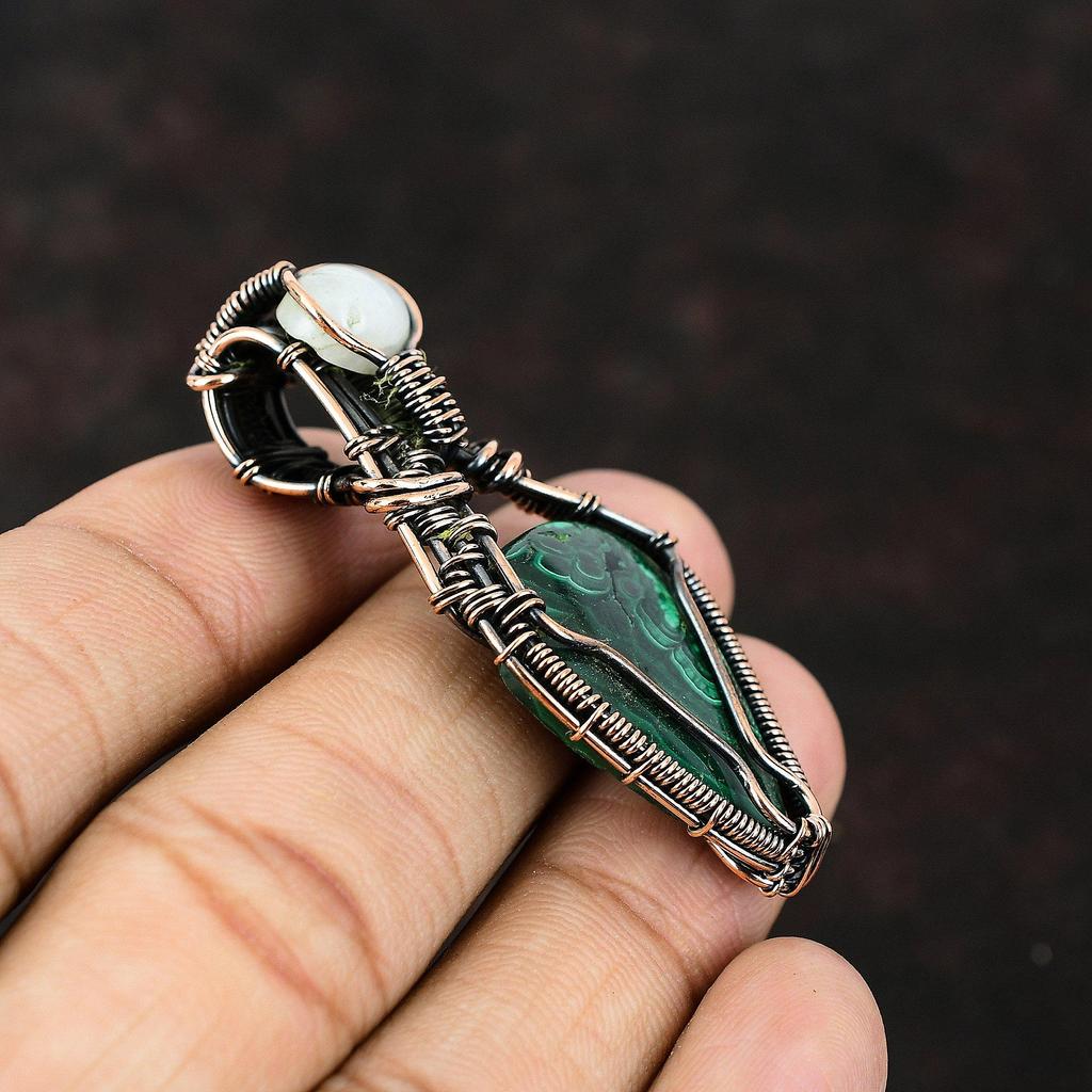 Malachite Copper Pendant Copper Wire Wrapped Pendant Gemstone Pendant Copper Jewelry Rainbow Moonstone Jewelry Gift For Him Designer Pendant