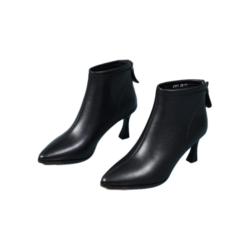 Women's Genuine Leather Stiletto Ankle Boots - Autumn/Winter 2025, Pointed Toe, Versatile Nude Mid Heel for Professional Wear.