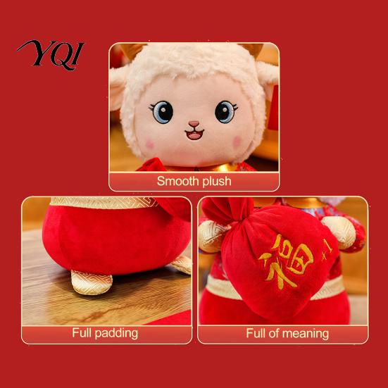 Tang Suit Plushie Fluffy Sheep Plush Doll, 2027 Lunar New Year Festive with Lucky Home Decor Bag Plushie, Soft Stuffed Animal Toy for Desktop Display