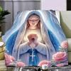 Virgin Mary Prayer Blanket Soft Fabric Religious Throw with Intricate Blue and White Design, Embellished with Pink Roses and Ros