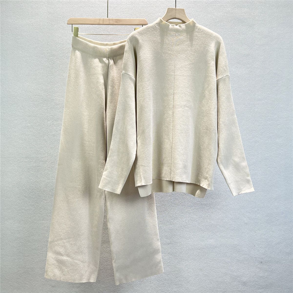 

Женские свободные трикотажные комплекты из 2 предметов, женские корейские свитера с воротником-поло, пуловеры, коньюнтос с высокой талией, длиной до щиколотки, шаровары-малхас One size бежевый