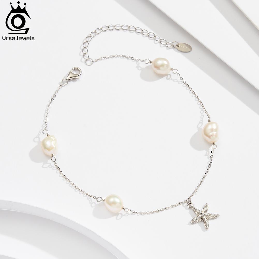 ORSA JEWELS Natural Freshwater Pearl and Starfish 925 Silver Chain Ankelt for Women Summer Holiday Anklets Jewelry SA74