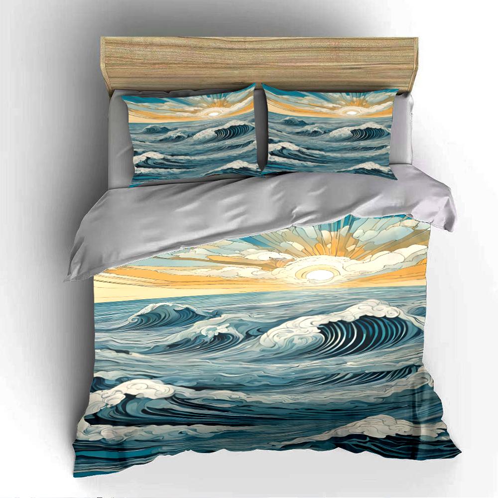 Ocean Wave Sunrise Print Bedding Set (1 Duvet Cover, 2 Pillowcases, Duvet Not Included)