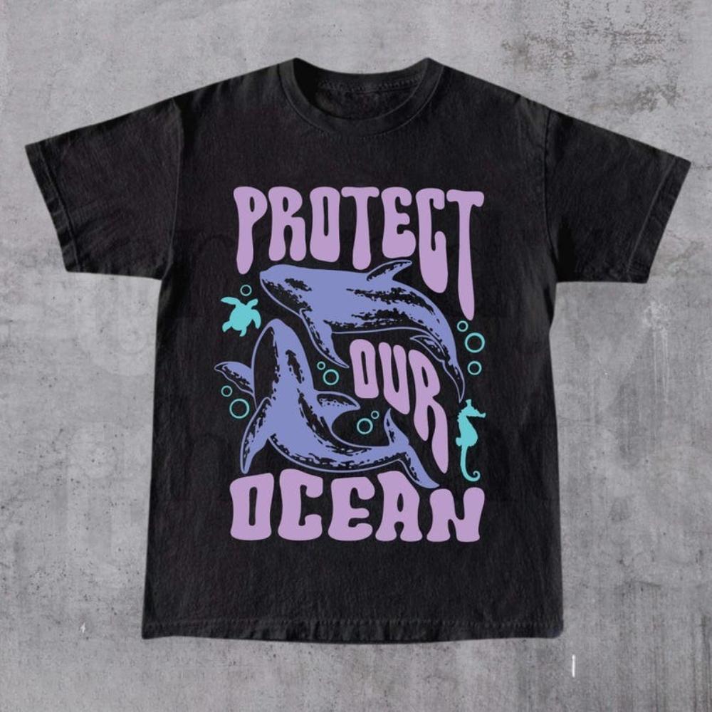 Protect The Ocean Whale 90s TShirt Retro Ocean Nature Graphic T Shirts Unisex Women Cotton Loose Streetwear Oneck Shortsleev