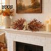 Decorative Wreath for Mantel 23.6" Artificial Olive Wreath, Faux Fall Leaf Teardrop Swag, Autumn Door Hanger Curved with Burlap Bow Thanksgiving Front