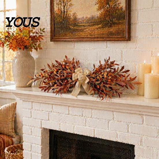 Decorative Wreath for Mantel 23.6" Artificial Olive Wreath, Faux Fall Leaf Teardrop Swag, Autumn Door Hanger Curved with Burlap Bow Thanksgiving Front
