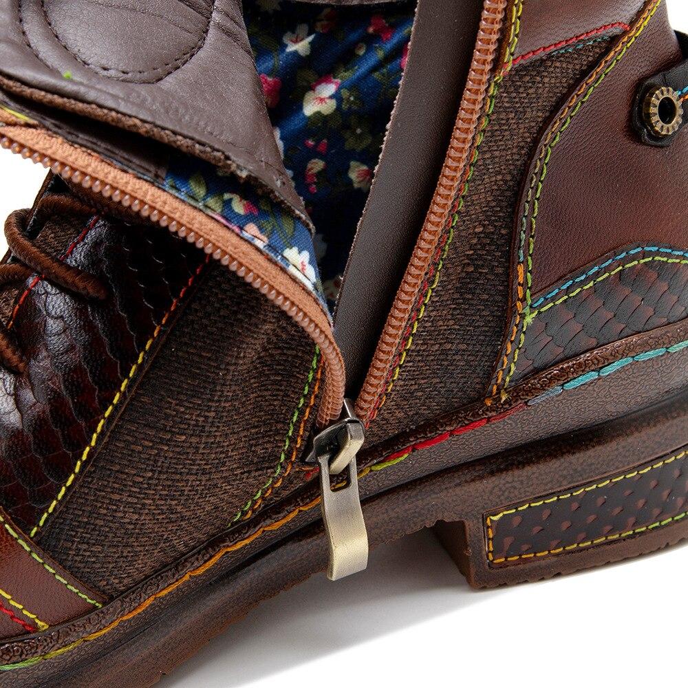 Johnature Genuine Leather Retro Shoes Women Boots Zip Round Toe Mixed Colors Sewing Handmade Concise Platform Boots