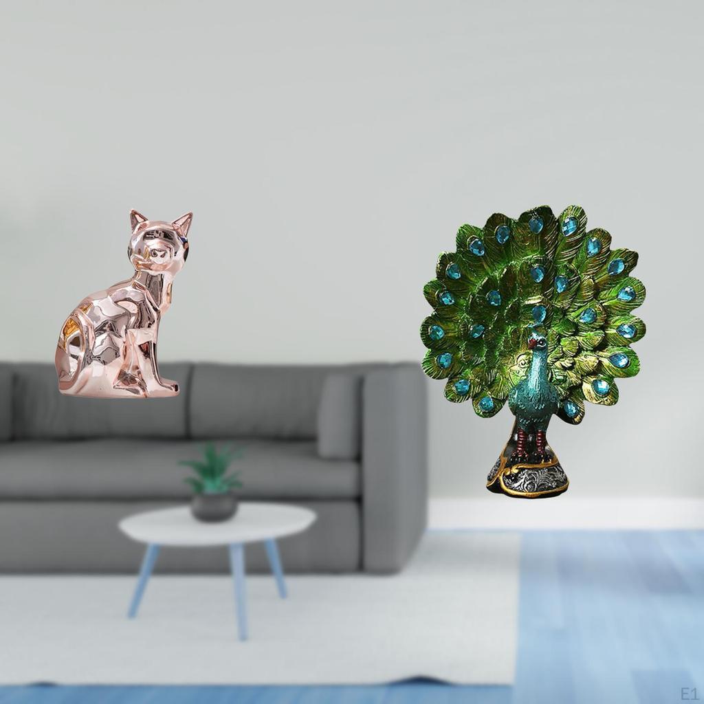 Elegant Cat Peacock Animal Sculpture Decorative Figurine Art Craft Ornament for Fireplace Bedroom