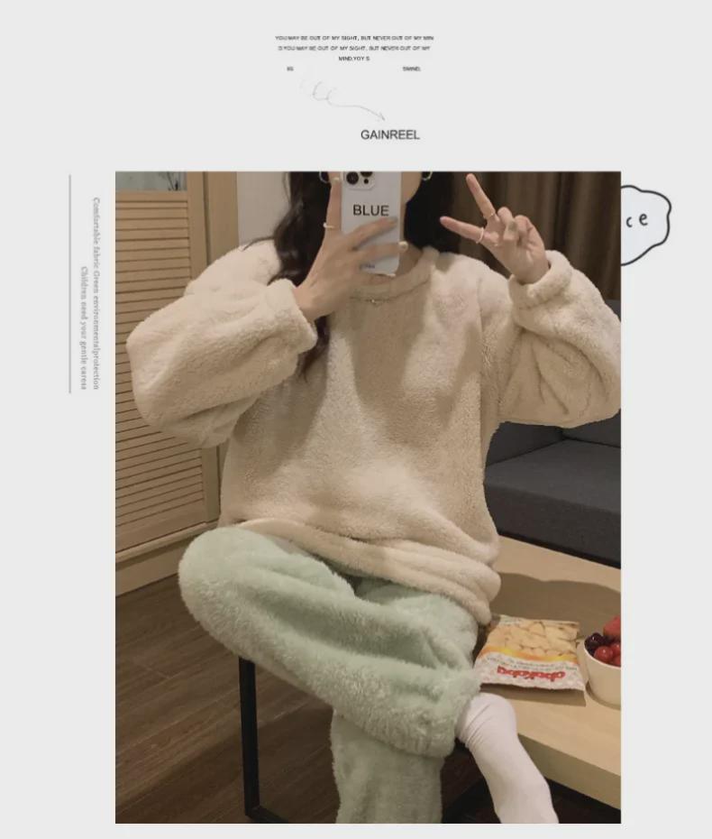 Women's Winter Plush Pajamas Set: Long-Sleeve, Solid Color, Thick Coral Fleece for Home or Outdoor Wear
