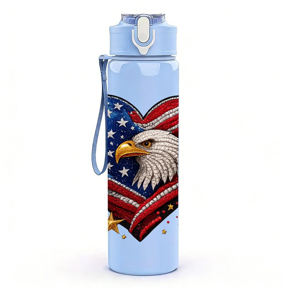 1PC Eagle American Heart Flag 750ml Color Plastic Sports Water Bottle Leakproof Flip Straw Lid Suitable for Sports Office Home Use