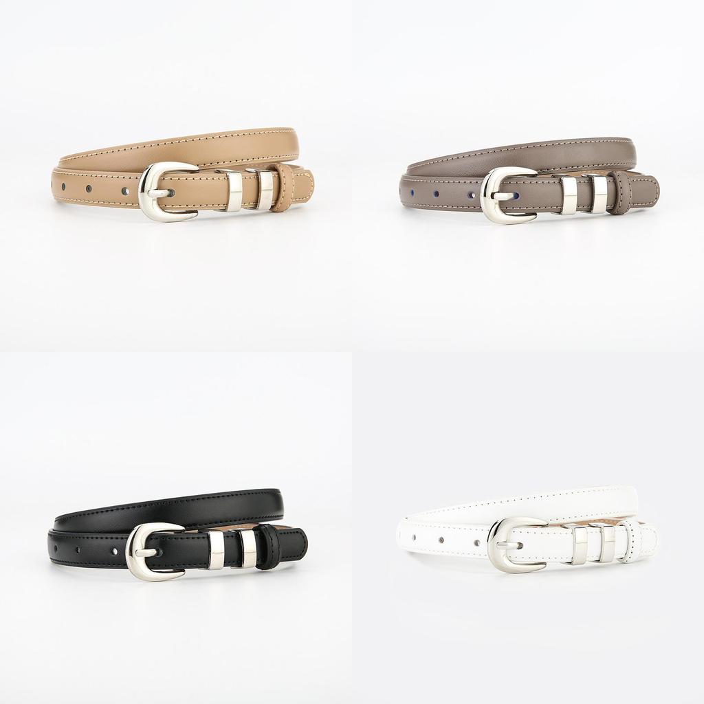 Womens True Leather Slim Belt With Metal Buckle For Casual Office Wear