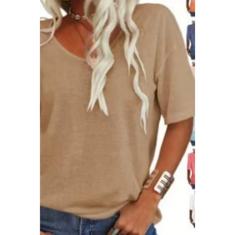 Women Light Blue V Neck Short Sleeve T Shirt Loose Fit Casual Summer Basic Top