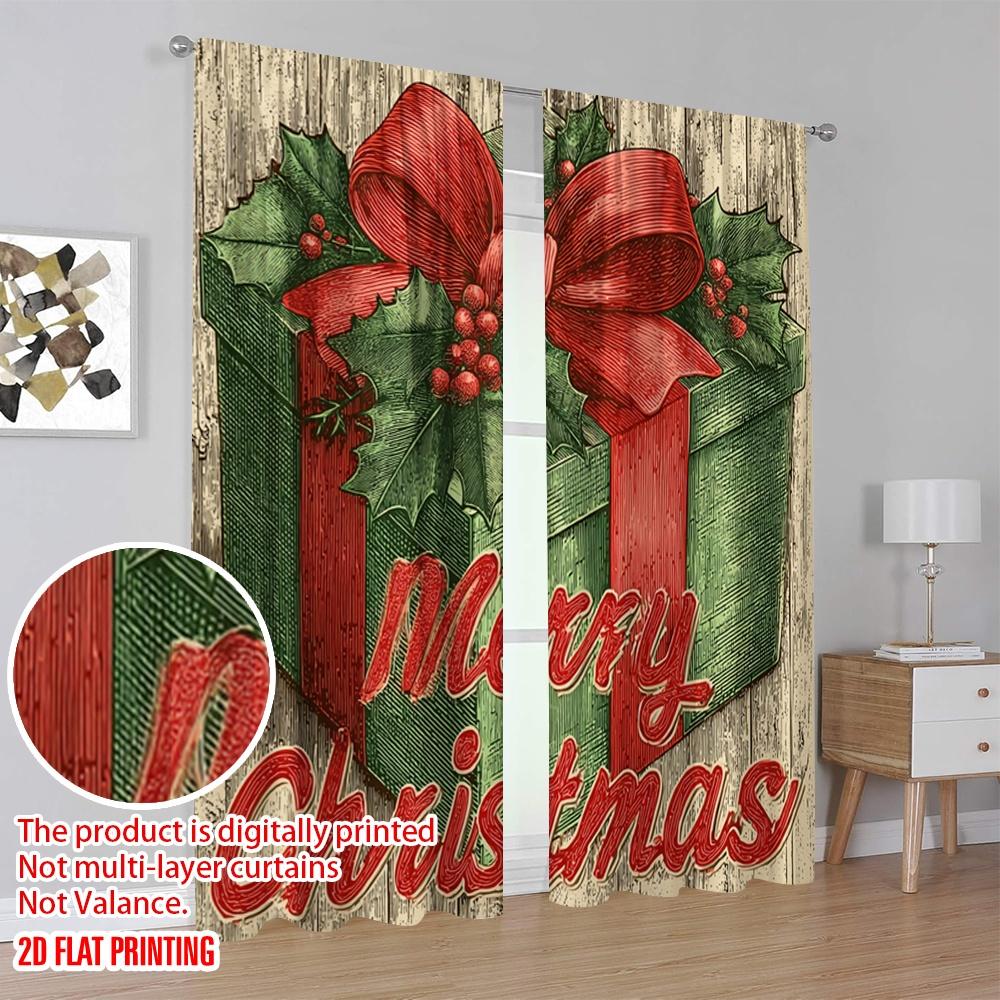 2pcs,2D Plane Printing Print Curtains Holly Berries & Gift Box Versatile Durable Polyester (without Rod) Festive Use for Living