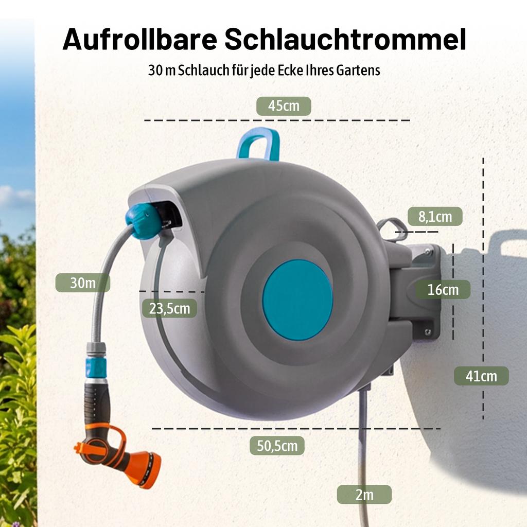 30m Automatic Garden Hose Reel Wall-Mounted, 9-Way Spray Gun, UV-Resistant, Frost-Resistant, 180° Swiveling – incl. Wall Bracket & Mounting Material
