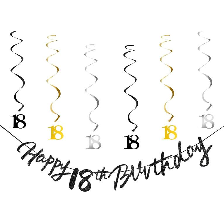 18th Birthday Decorations for Boys Swirls Streamers Set, Hanging Vortex Happy 18th Birthday Banner for Girls, Black and Gold 18 Birthday Decor Party чёрный