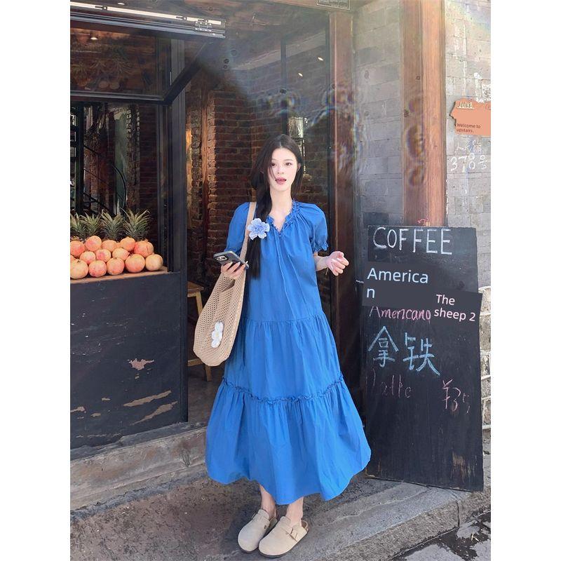 

Kumikumi Holiday Style Wooden Ear Lace-up Puff sleeve Dress Women Summer Niche Age-Reducing A- line Skirt Long dress Retro Blue L