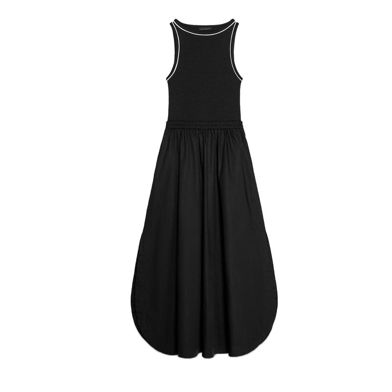 Summer Women's Clothing Contrast Color Rolled Trim Patchwork Sleeveless round Neck Midi Skirt Dress 8372046 8351047