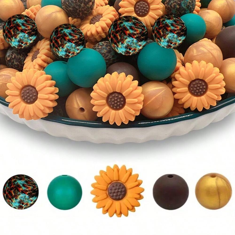 25PCS daisy and floral printed silicone bead set, punk style, suitable for DIY keychains, bracelets, bead pens