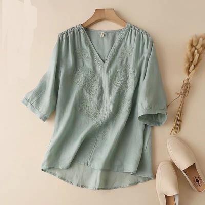 Summer Women Vintage Cotton Comfy T-shirt Loose Embroidery Tee Plus Size