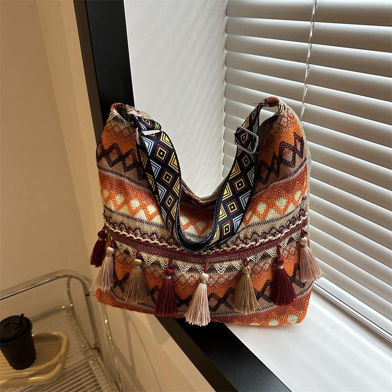 Female Shoulder Messenger Bag Trend Bag Simple Zipper Handbags Ethnic Style Canvas Small Shoulder Bag 2024 Woven Beach Tote