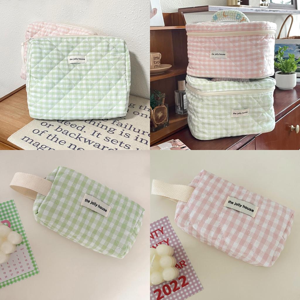 Pink And Green Plaid Makeup Bag With Breathable Polyester For Travel And Daily Use