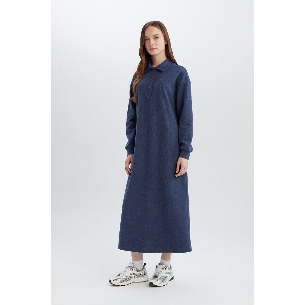 Buttoned Polo Neck Basic Plain Long Sleeve Selanik Fabric Maxi Knitwear Dress B7260ax24wn