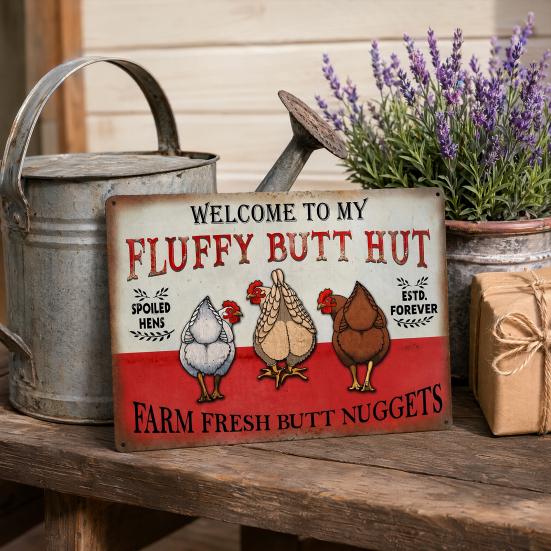 Fluffy Butt Hut Farm Sign, Vintage Chicken Coop Metal Sign, Weatherproof Rustic Wall Art, for Barn Kitchen Backyard Farmhouse Decor