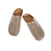 2025 Summer New Flat-bottomed Bag Head Half Slippers Women's Golden Fishing Net Full of Diamonds Hollow Sandals Wear Light Single Shoes