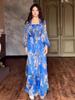 2024 Summer European & American Women's Color Block Print Elegant Long Dress - Slim Fit, Square Neck, Long Sleeves