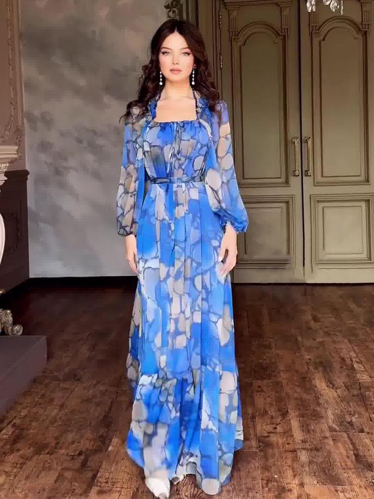 2024 Summer European & American Women's Color Block Print Elegant Long Dress - Slim Fit, Square Neck, Long Sleeves