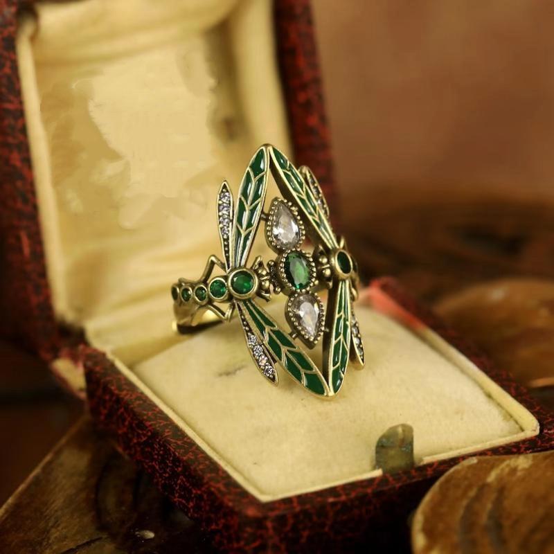 NEW Vintage Insect Dragonfly Ring For Men Women Green Cubic Synthetic Zirconia Party Jewelry Christmas Anniversary Gift