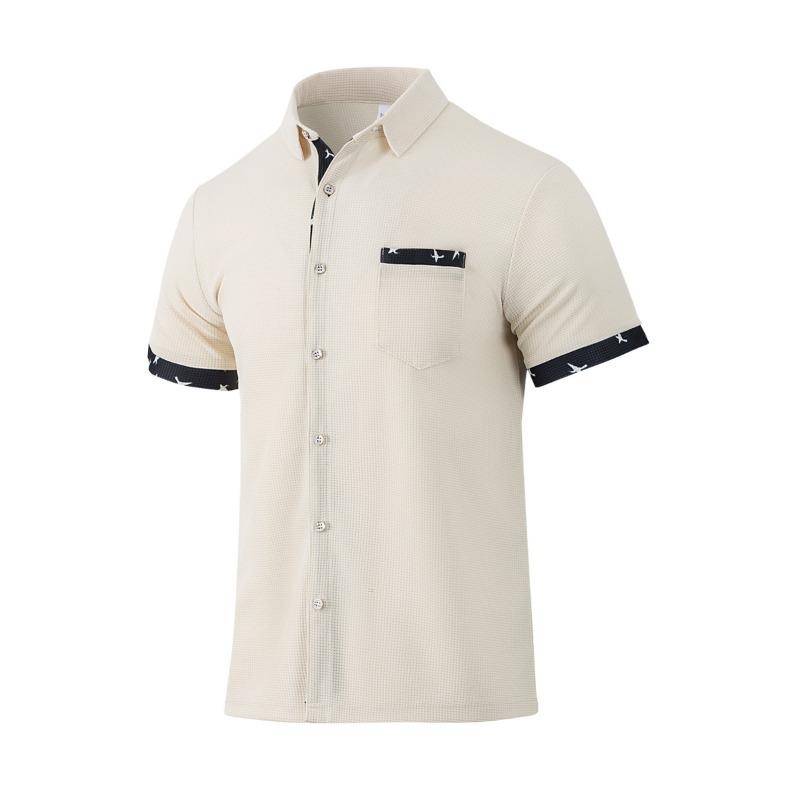 Camicia da uomo a maniche corte con revers, tessuto a quadretti fini, inserto con stampa di uccelli, bottoni, casual, top estivo quotidiano