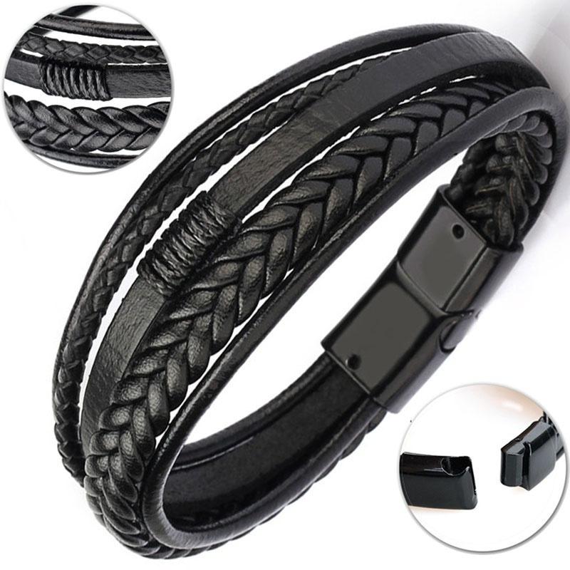 Handsome Brown Men's Magnetic Leather Buckle Buckle Hand-Woven Multi-Layer Leather Bracelet