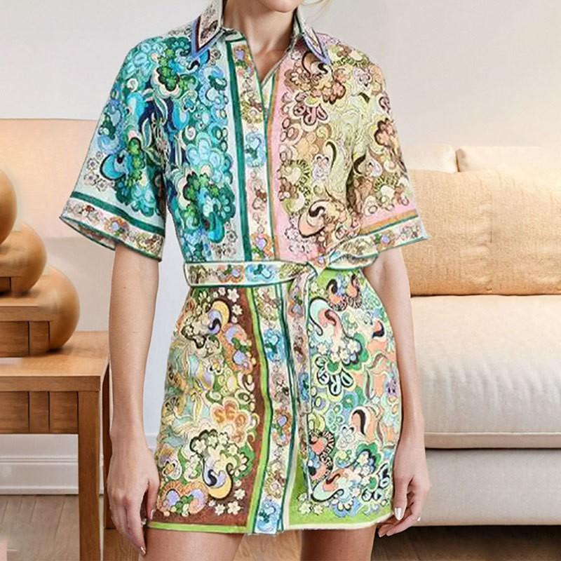 2026 Womens Printed Wrap Tie Neck A-Line Mini Dress High Waist Short Sleeve Elegant Office Casual
