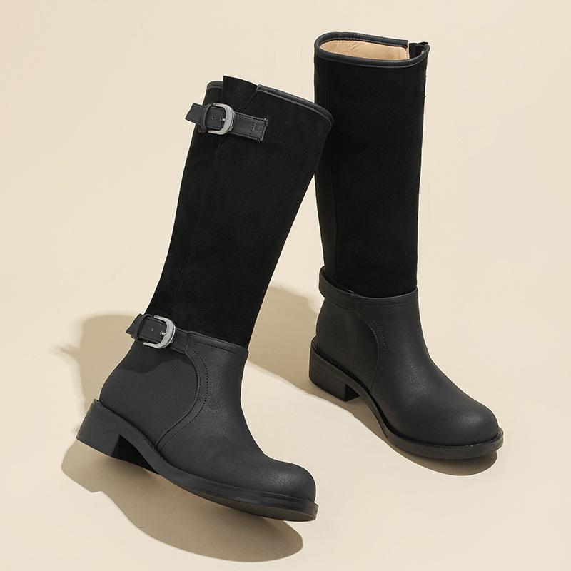 

Dong Jie retro wide knight boots women s flat boots big tube circumference high boots western boots stacking boots 40 чорний