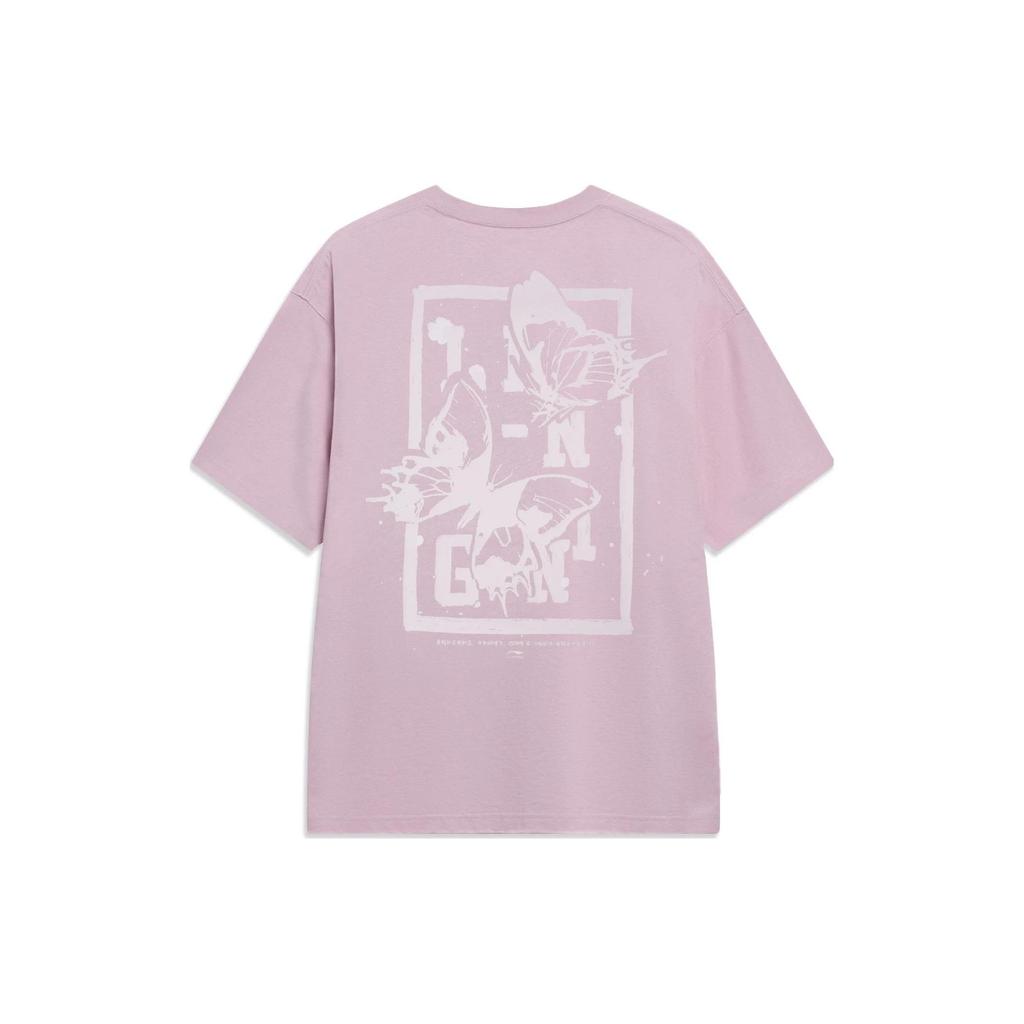 Li-Ning Chinese Culture Series Floral Print Slim Fit Round Neck Short Sleeve T-Shirt Men Tops Pink AHST203-5